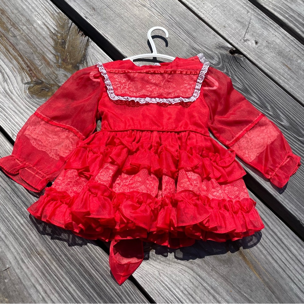 VTG Sweet Sassy Red Sheer White Lace Full Circle Ruffles Frilly Pageant Dress 2T